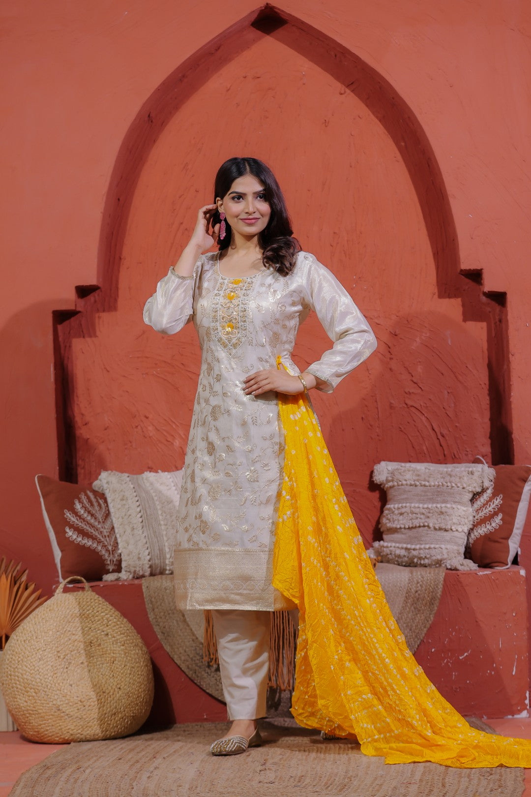 Off White Mosh Silk Suit with Banarasi Work, Pant & Dupatta