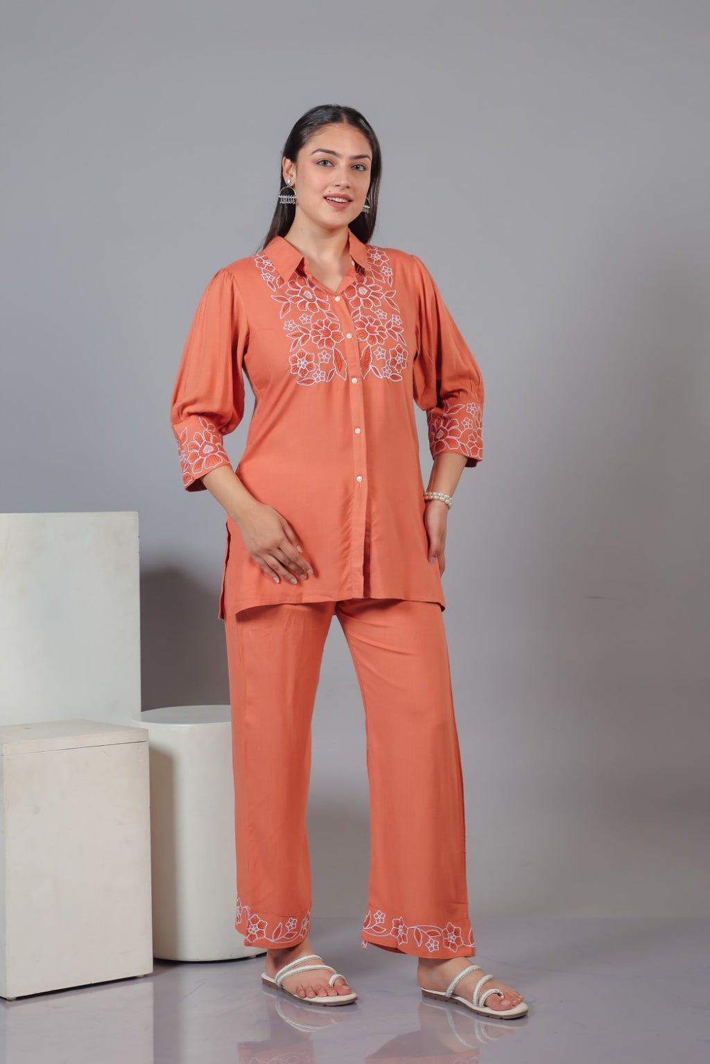 Peach Rayon with Thread Work Co-ord Set