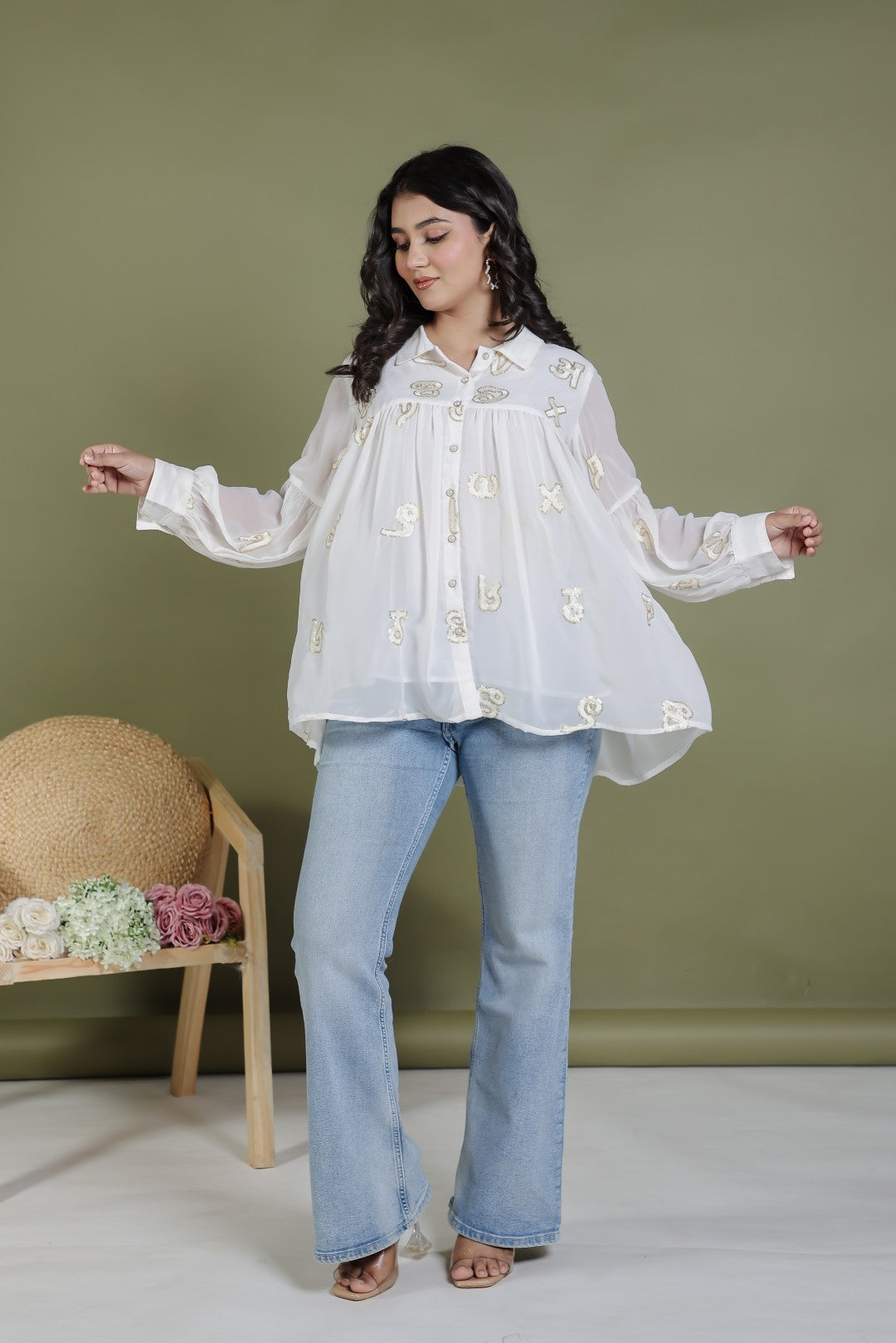 Offwhite Georgette Shirt with Thread Sequence Work