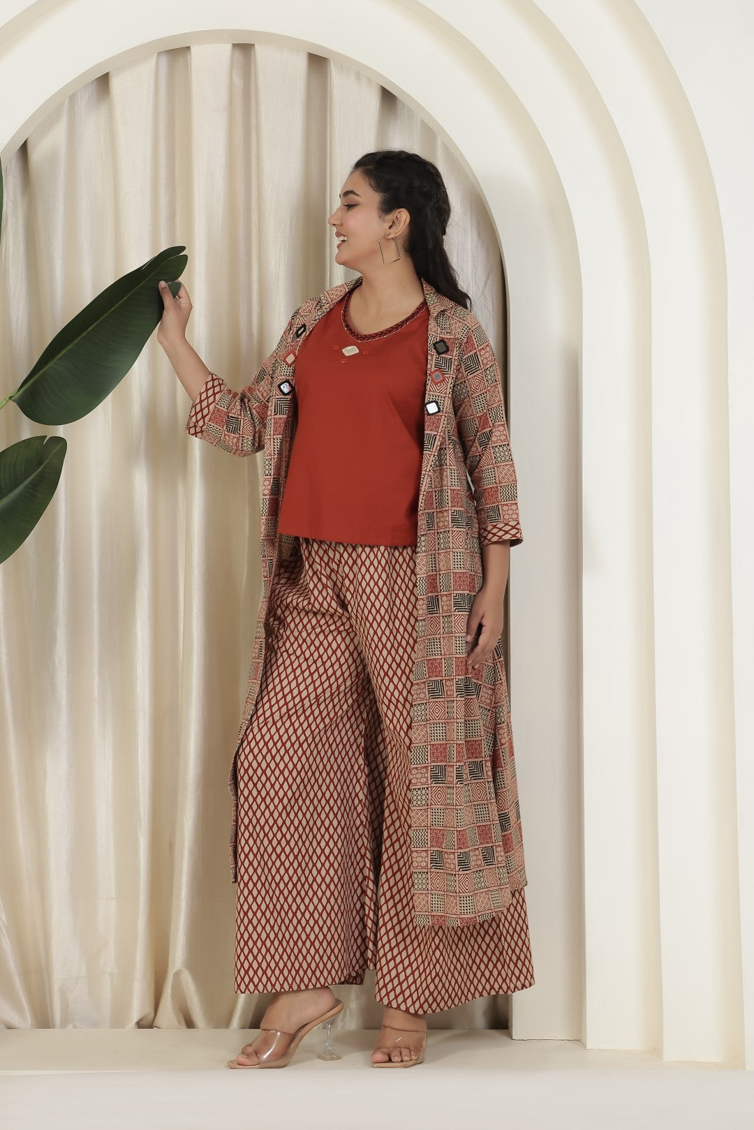Rust Cambric Cotton Top with Mirror Work, and Block Print Pant & Jacket Shrug