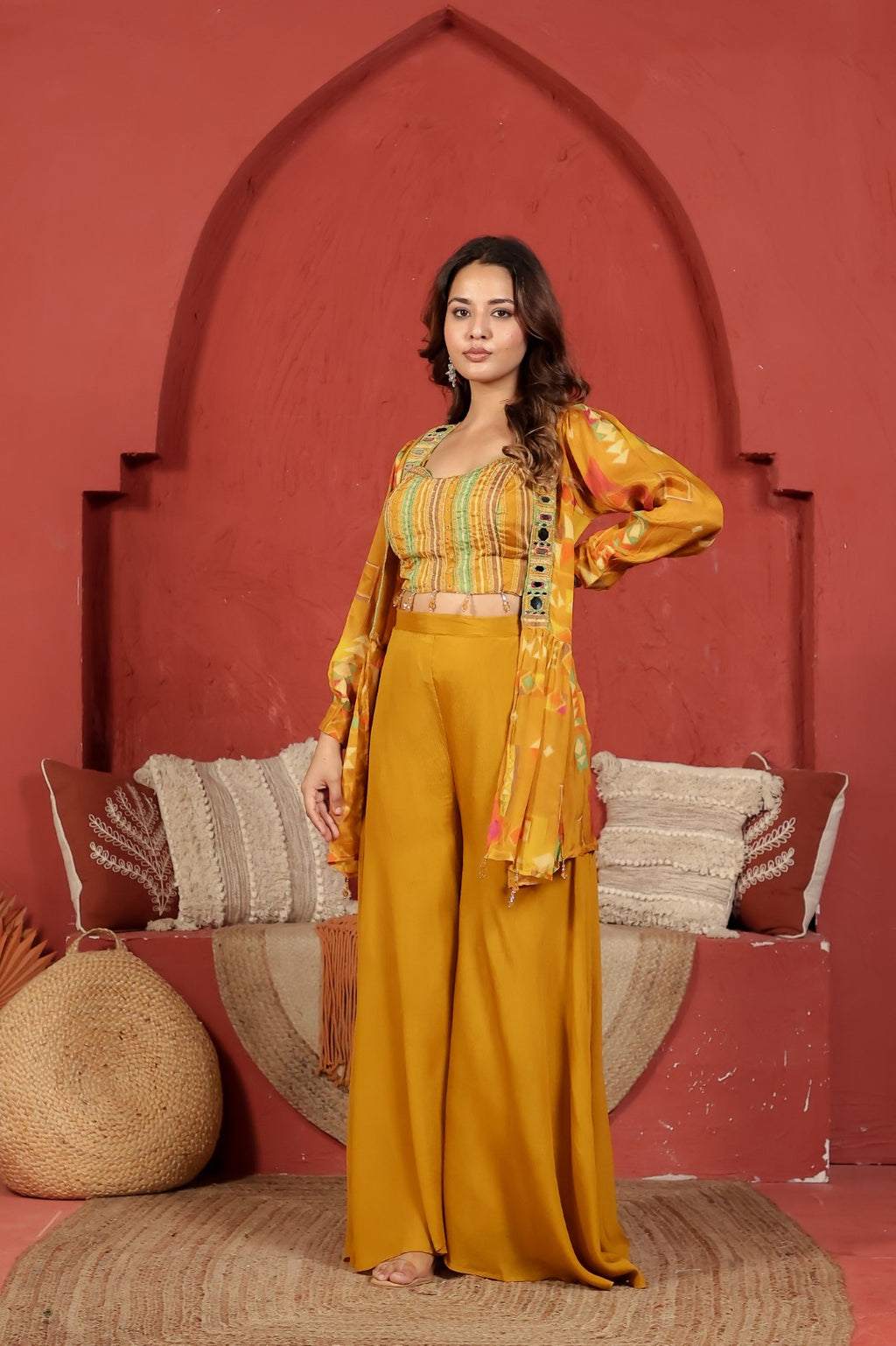 Mustard Yellow Chinon Silk Jacket with Mirror Work Blouse & Palazzo