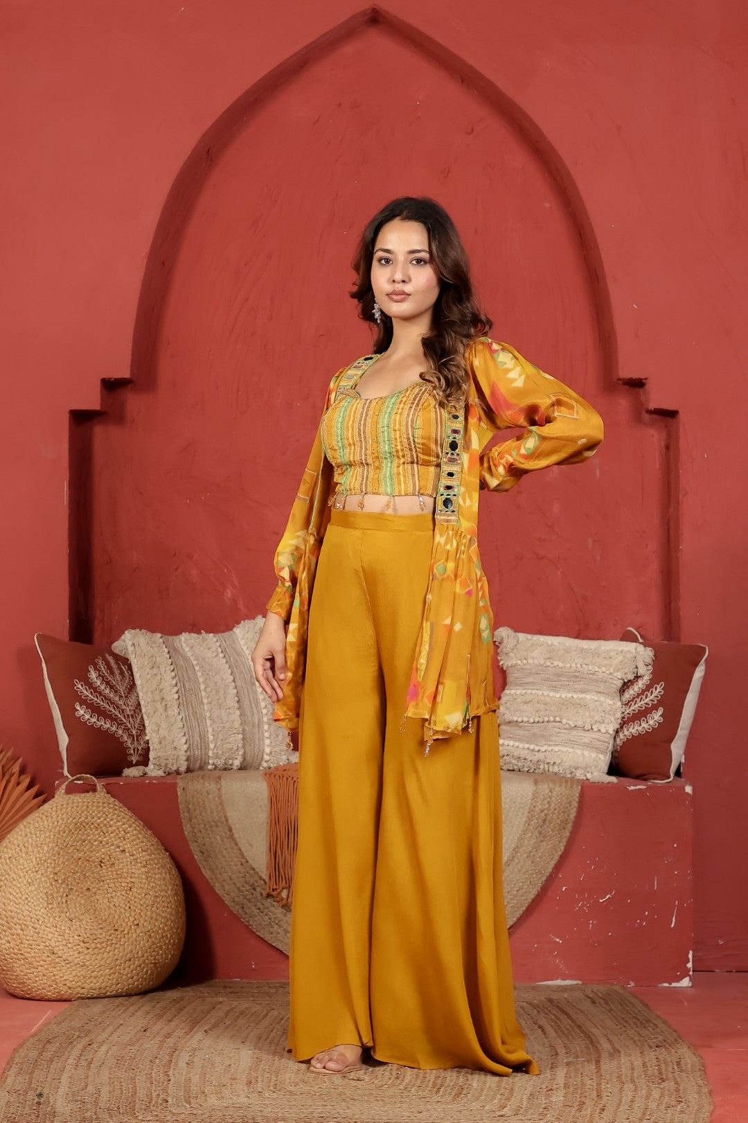 Mustard Yellow Chinon Silk Jacket with Mirror Work Palazzo & Printed Shrug