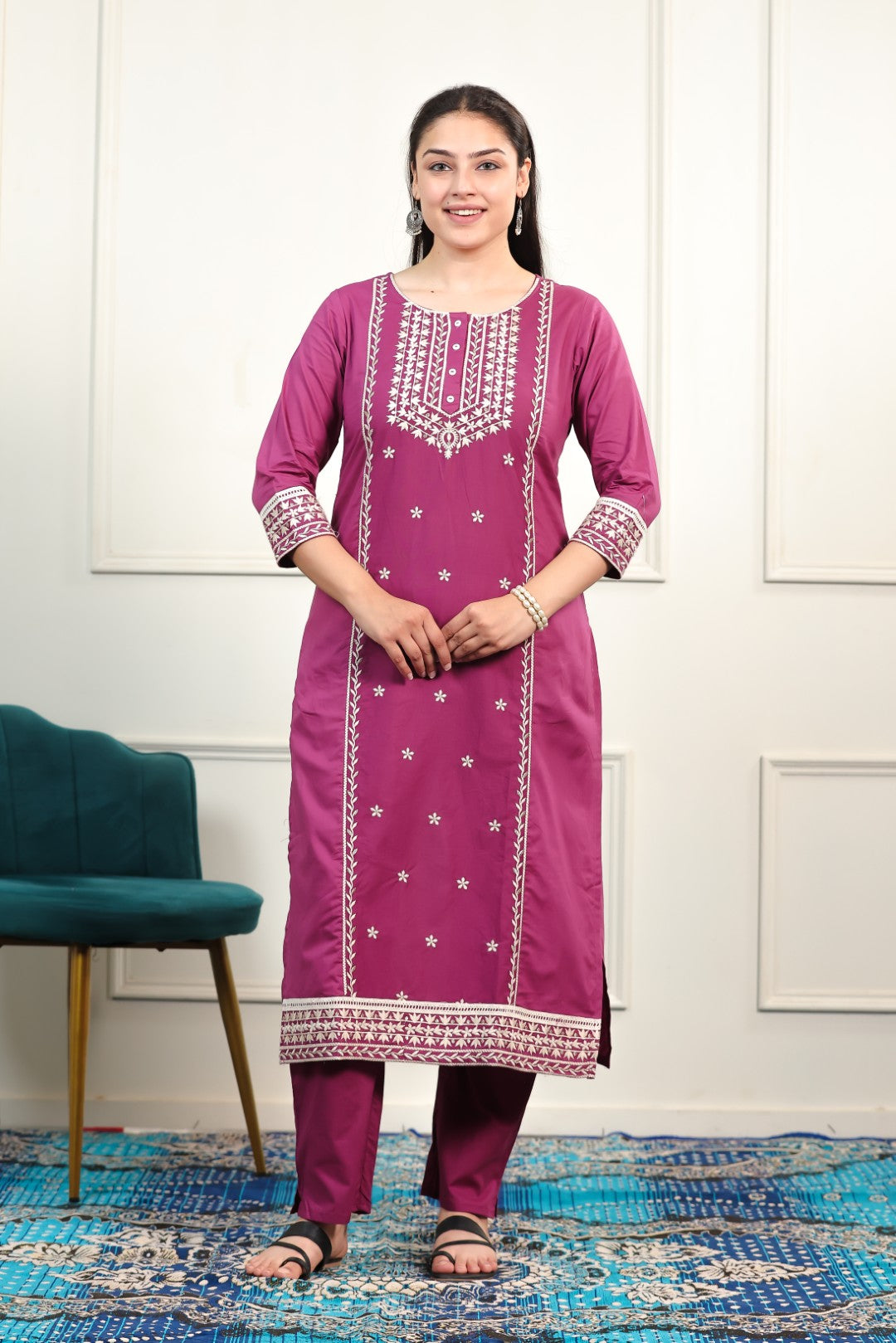 Purple Pink Cotton Suit with Fine Thread Work, Bottom & Dupatta