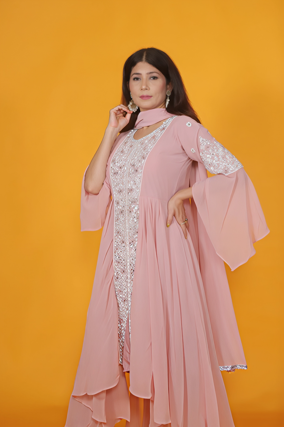 Peach Georgette Top with Thread Work, Bottom & Dupatta