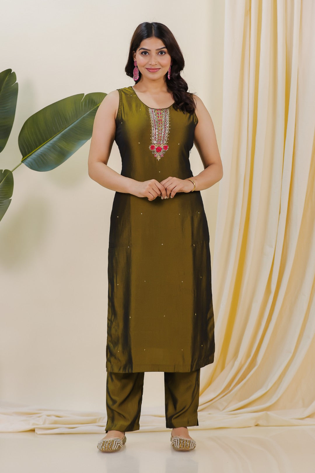 Mehendi Green Muslin Silk Suit with Handwork, Bottom & Dupatta
