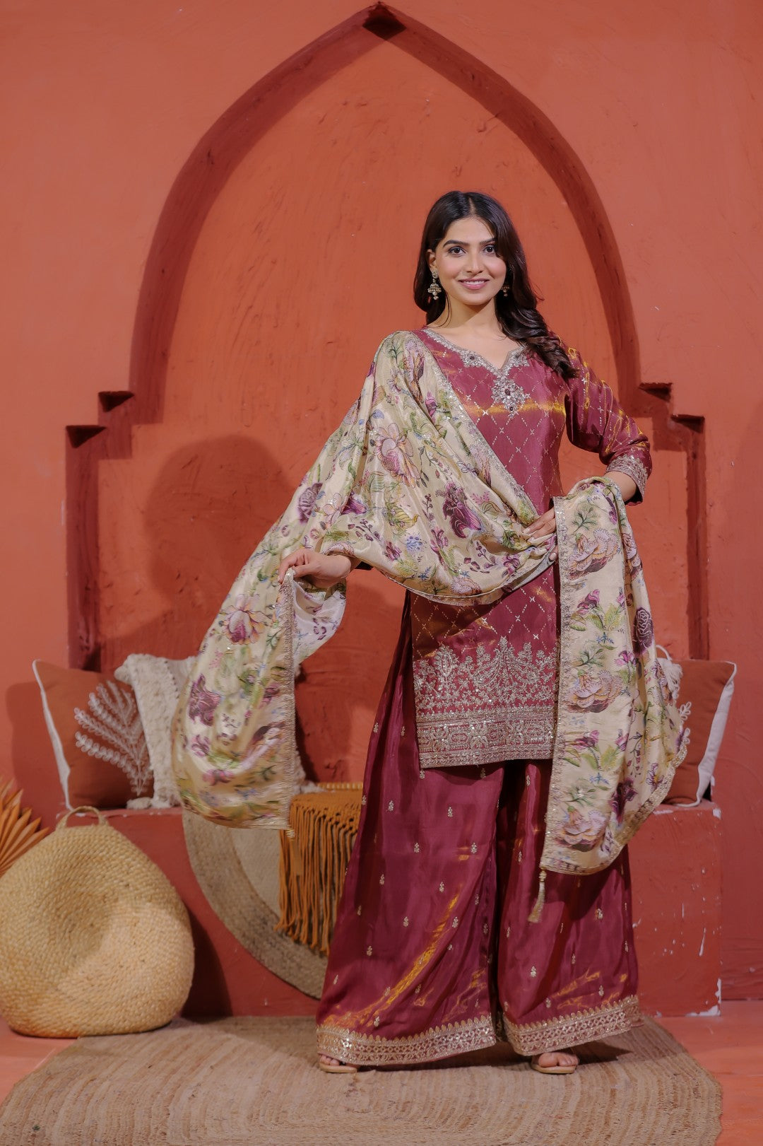 Reddish Brown Mosh Silk Suit with Banarasi Work,Sharara & Dupatta