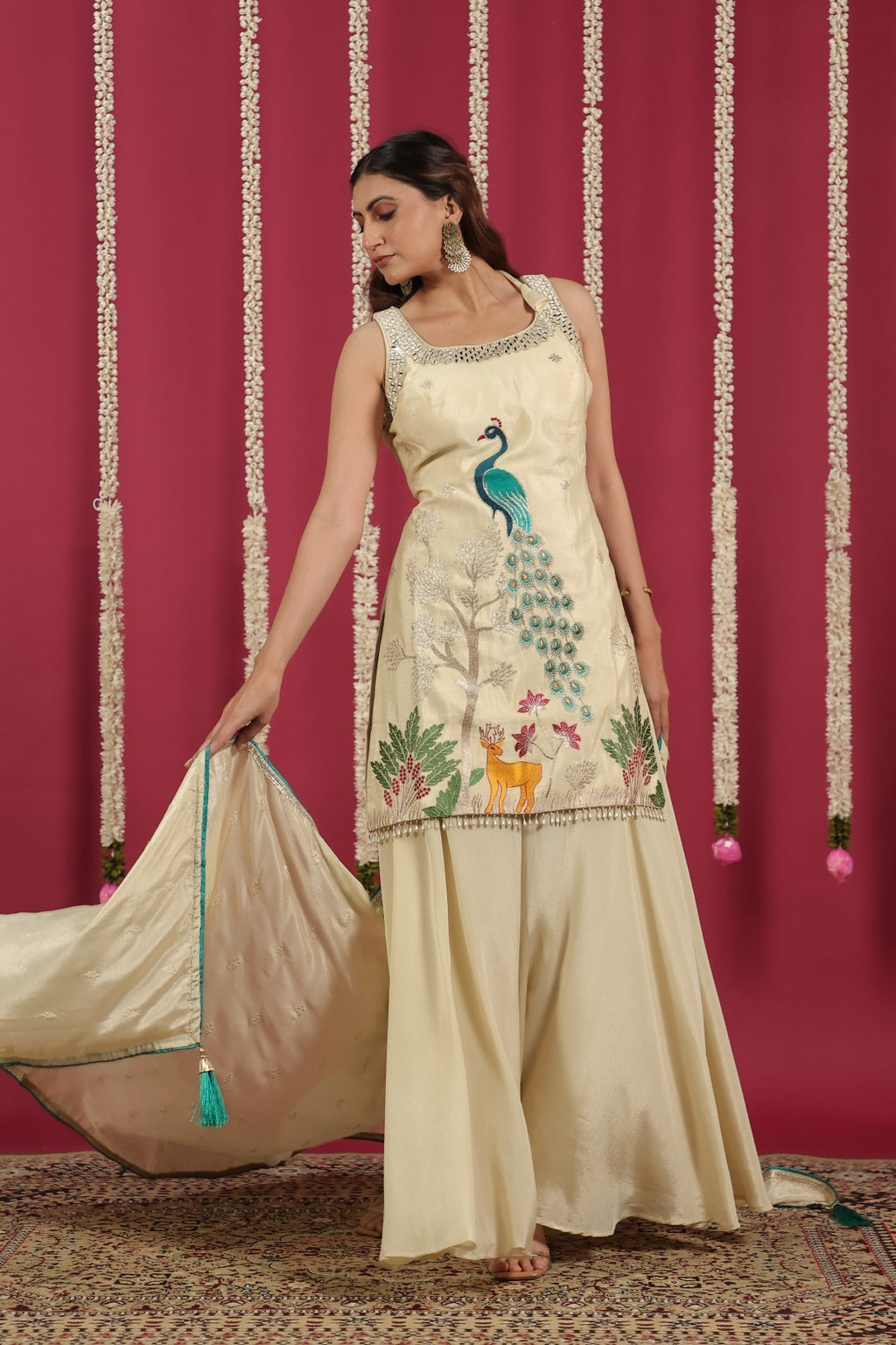 Off White Chinon Suit with Peacock Zari Work, Sharara & Dupatta