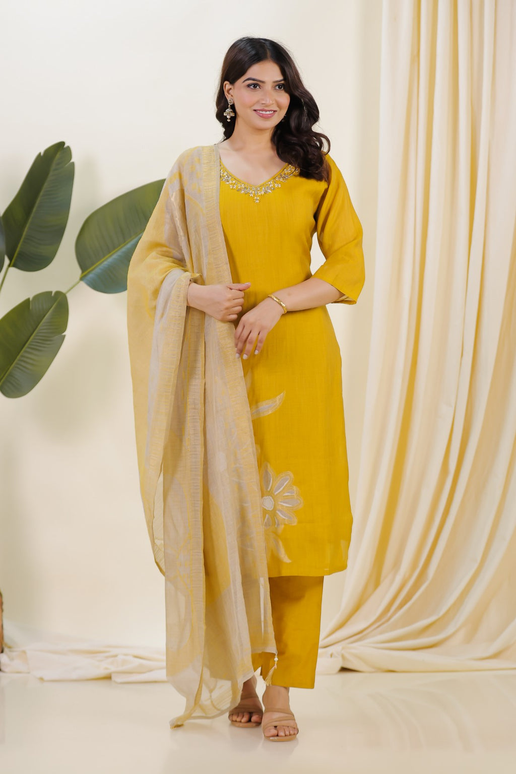 Yellow Chanderi Silk Suit with Banarasi Floral Print, Bottom & Dupatta