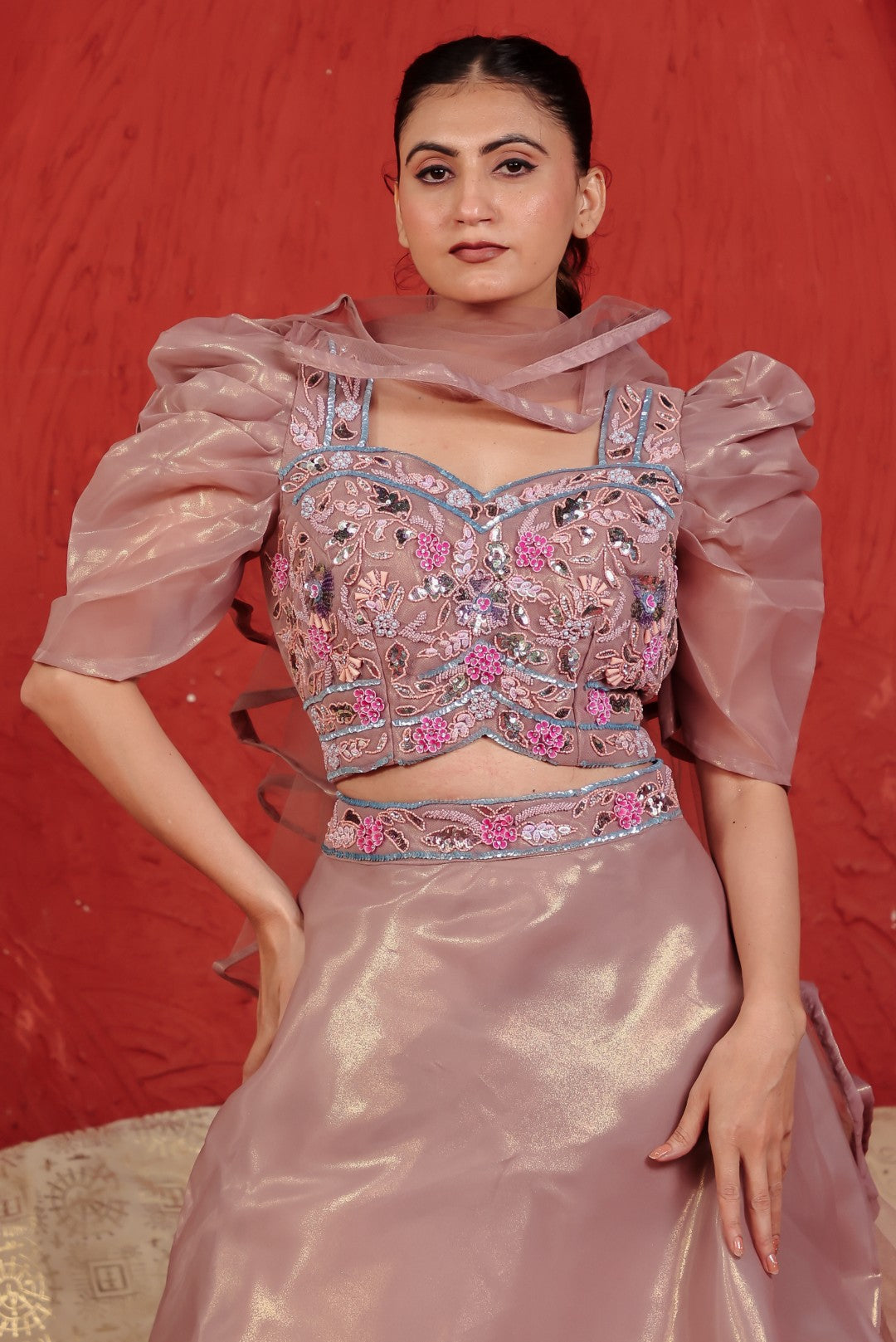 Light Brown Net Lehenga with Handwork Blouse & Dupatta