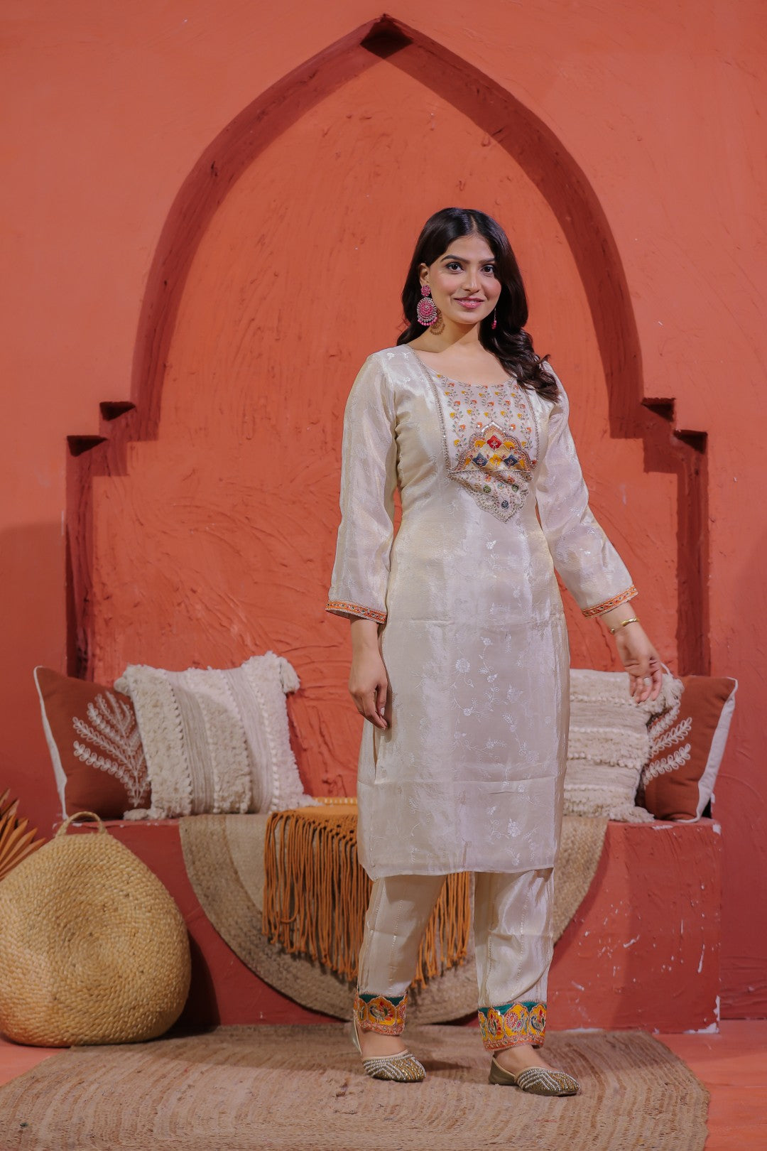 Off White Mosh Silk Suit with Self Print & Zari Sequin Work, Bottom & Dupatta