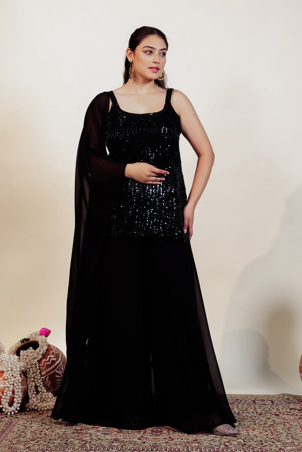 Black Georgette Suit with Handwork, Sharara & Dupatta