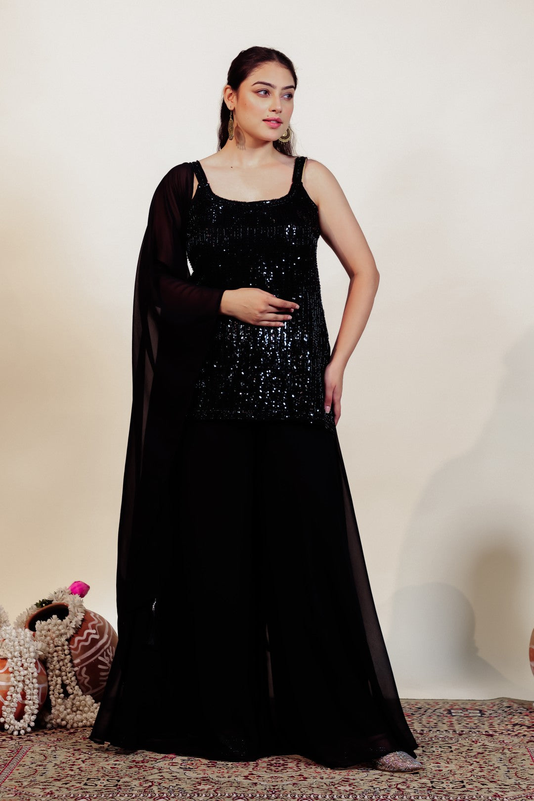Black Georgette Suit with Handwork, Sharara & Dupatta