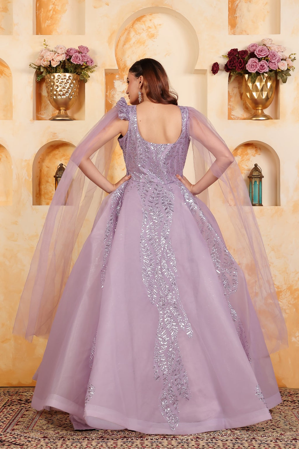 Lavender Net Gown with Sequin Work & Attached Dupatta