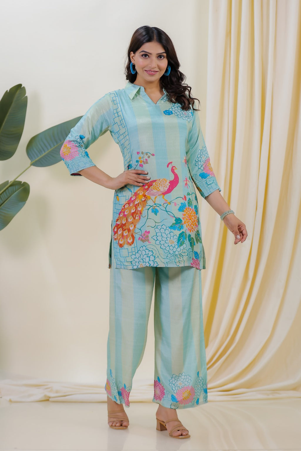 Sky Green & Sky Blue Crepe Silk with Peacock Printed Co-ord Set