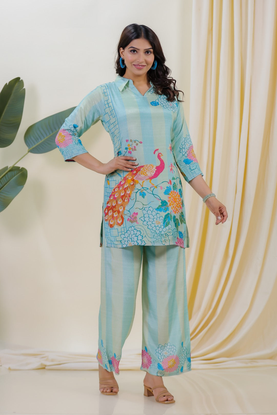 Sky Green & Sky Blue Crepe Silk with Peacock Printed Co-ord Set