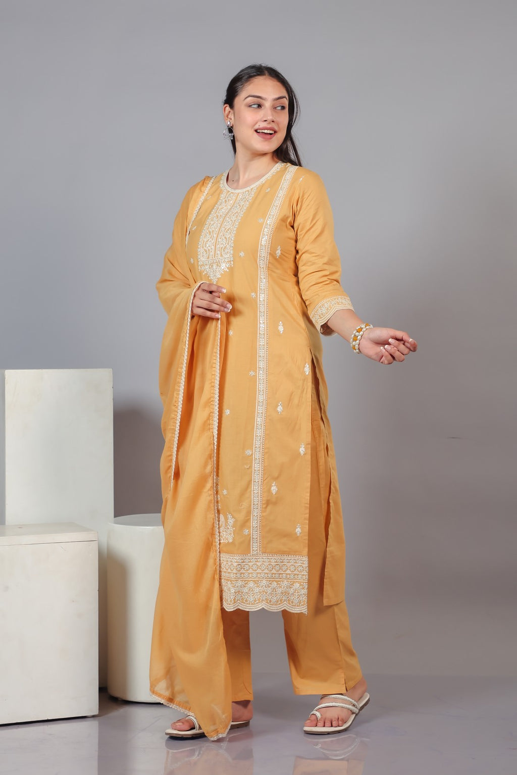 Mustard Brown Cotton Suit with Fine Thread Work, Bottom & Dupatta