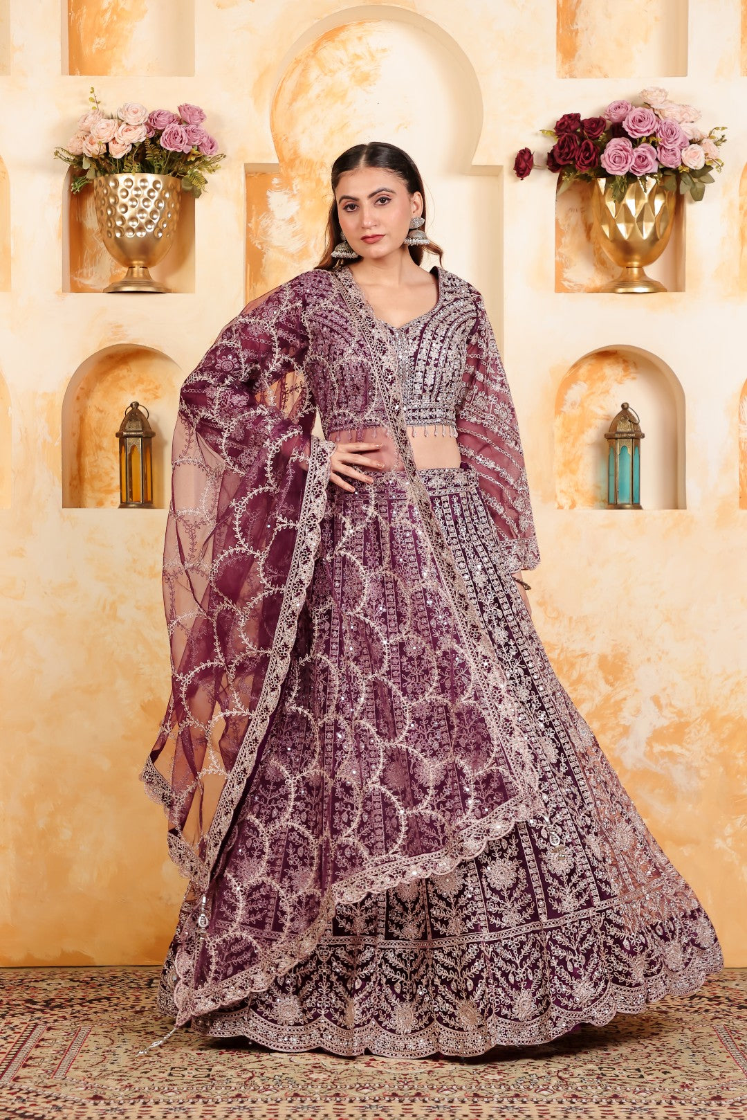 Wine Net Blouse with Full Zari, Mirror & Stone Work, Lehenga & Dupatta