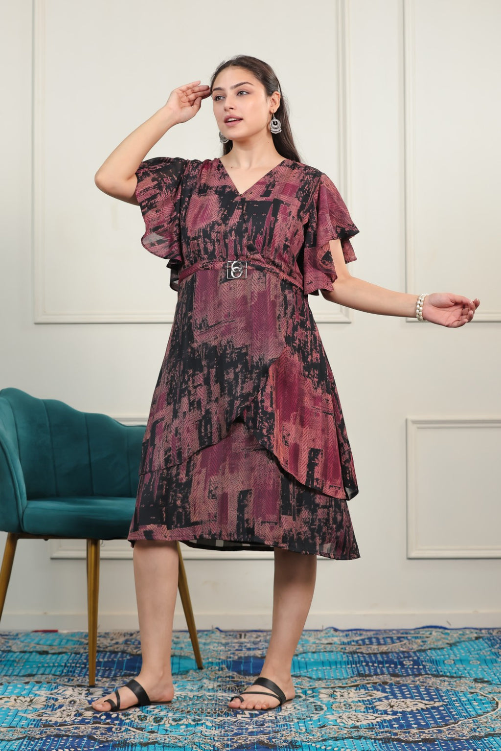 Black Lycra Printed Midi Dress