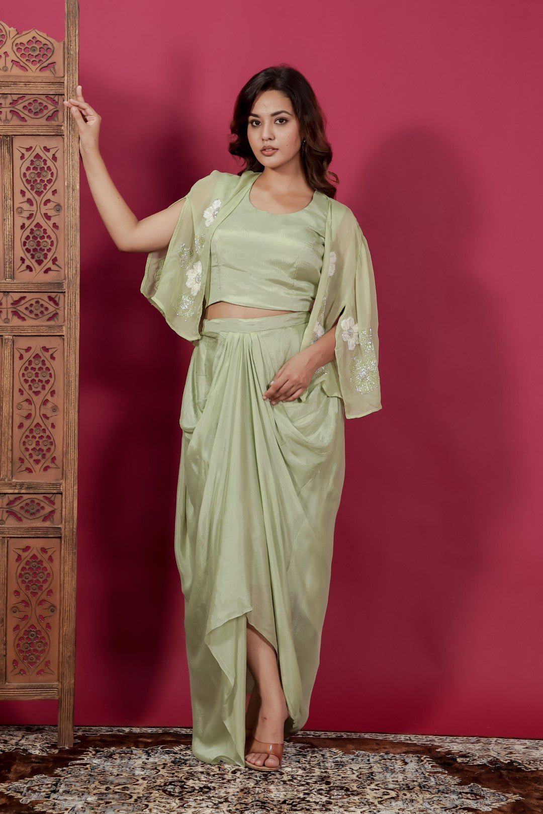Pista Green Chinon Silk Dhoti Set with Handwork Blouse & Shrug