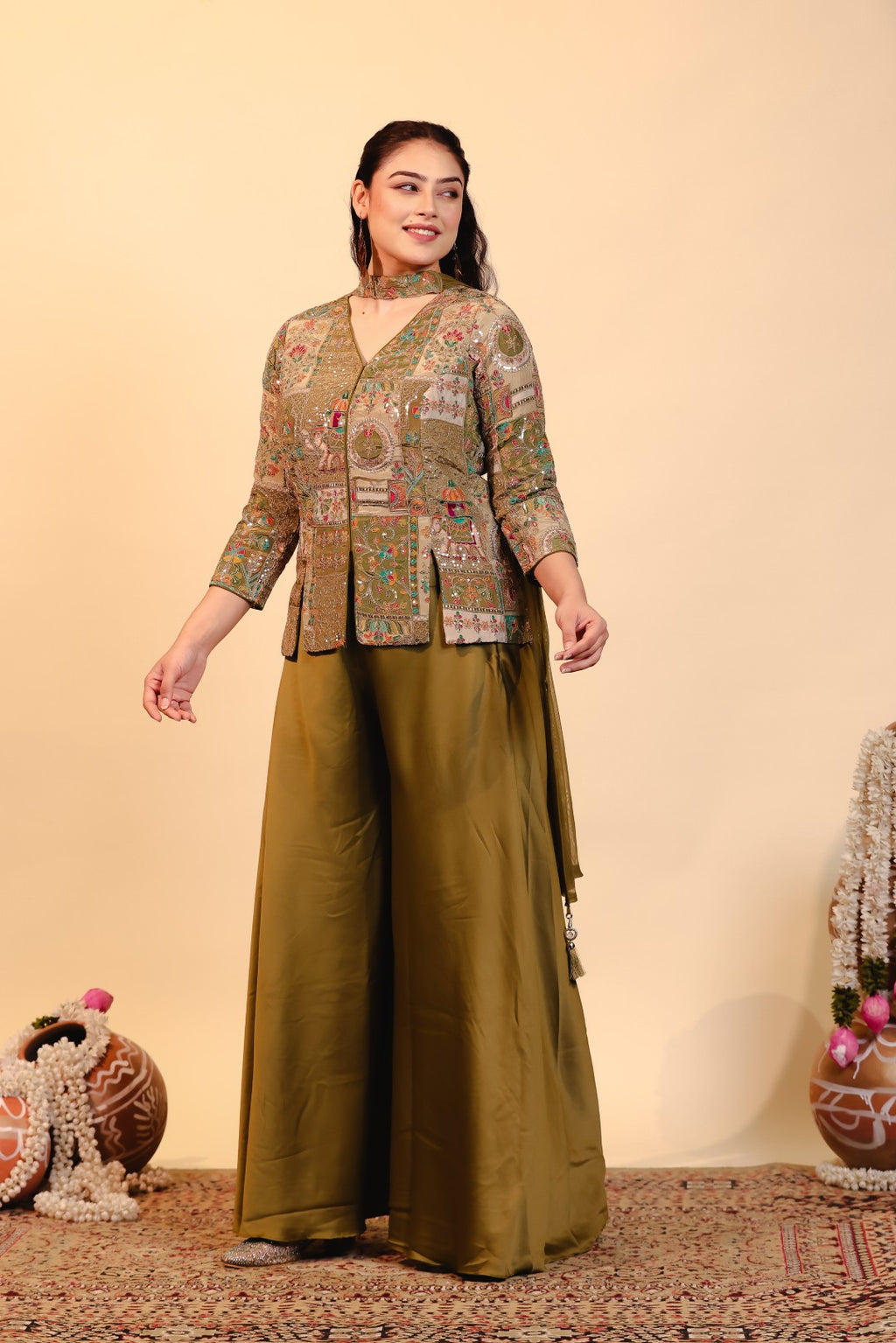 Mehendi Green HO Silk Top with Position Prints & Zari Work, Sharara & Dupatta