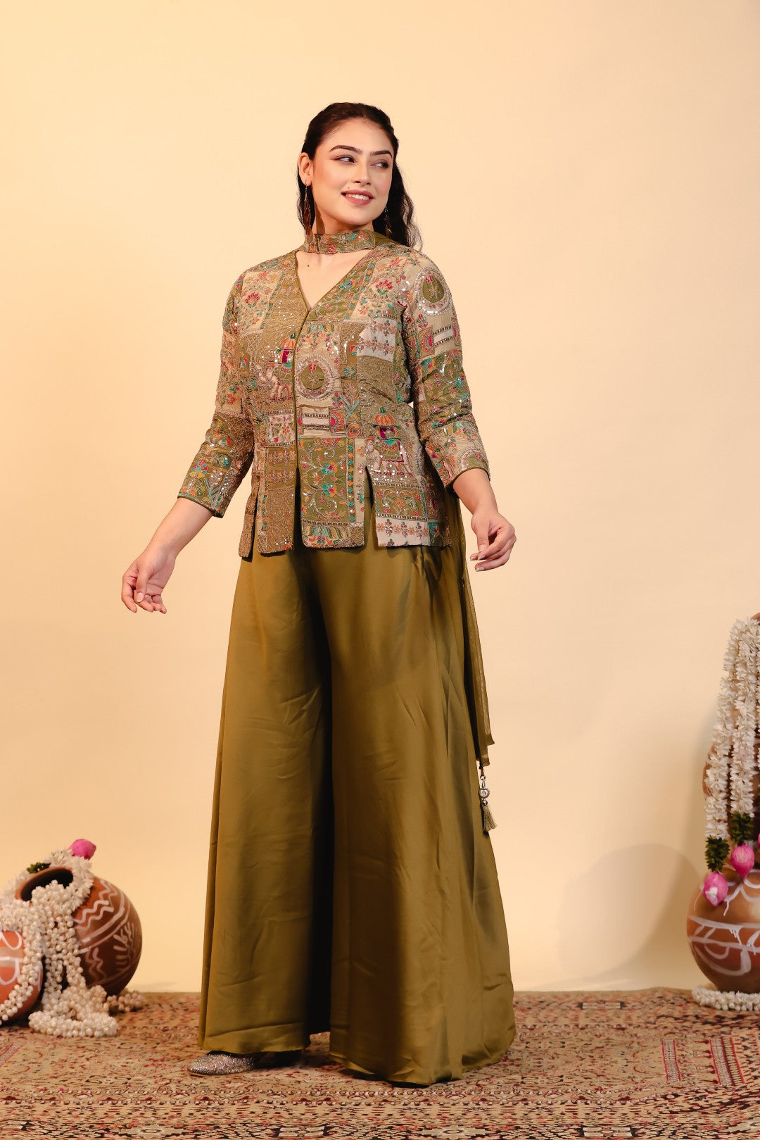 Mehendi Green HO Silk Top with Position Prints & Zari Work, Sharara & Dupatta
