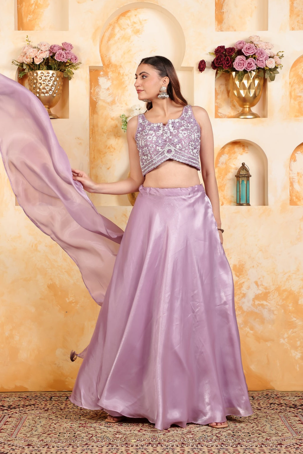 Lavender Jimmy Choo Lehenga with Piping Handwork Blouse & Dupatta