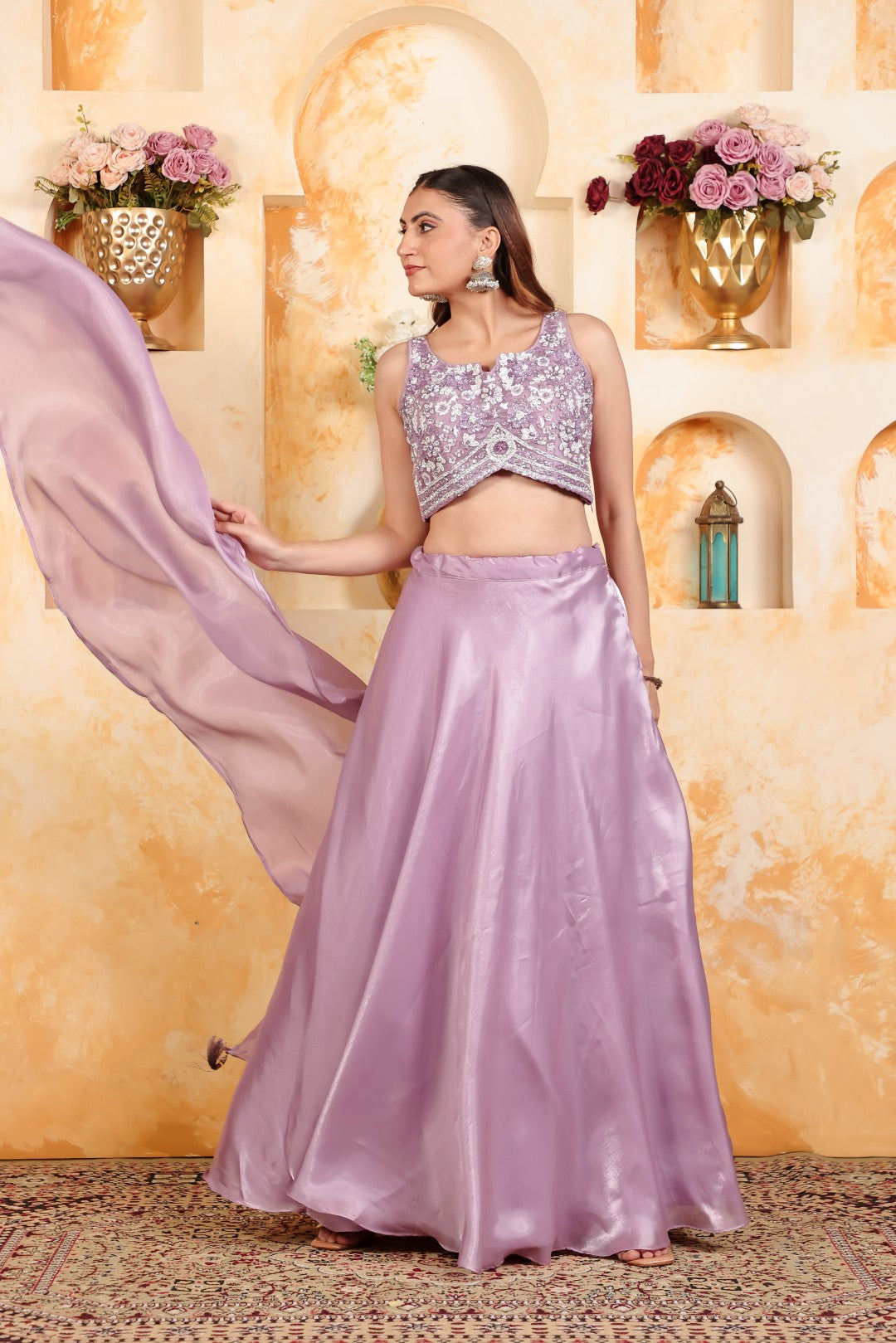 Lavender Jimmy Choo Lehenga with Piping Handwork Blouse & Dupatta