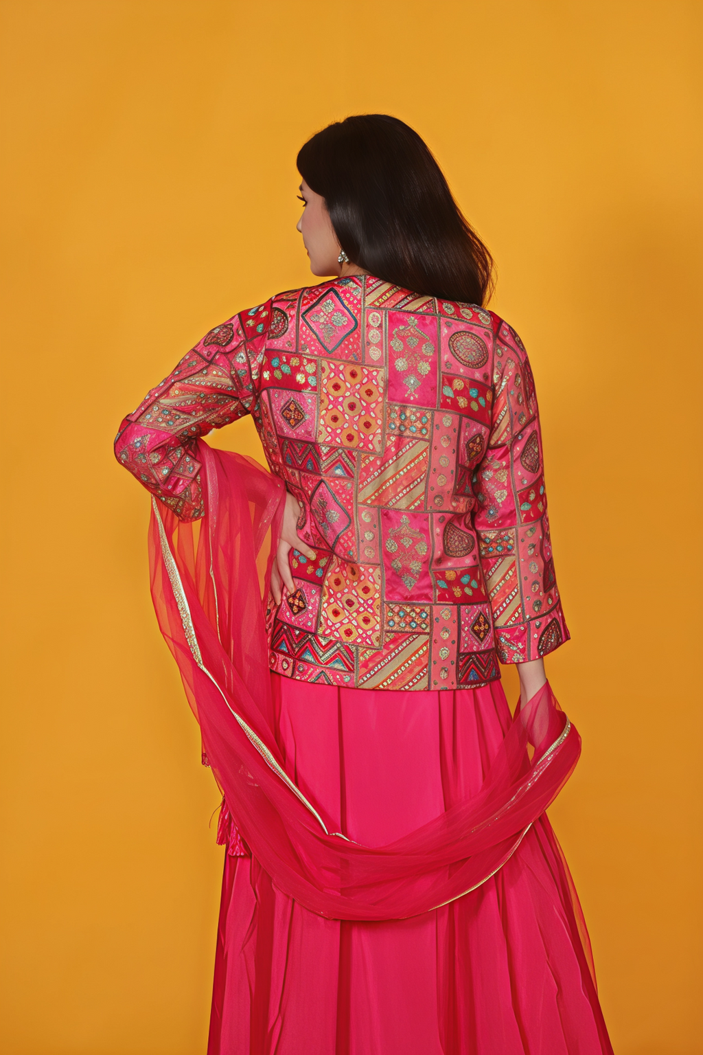 Pink Silk Position Printed Top, with Sharara & Dupatta