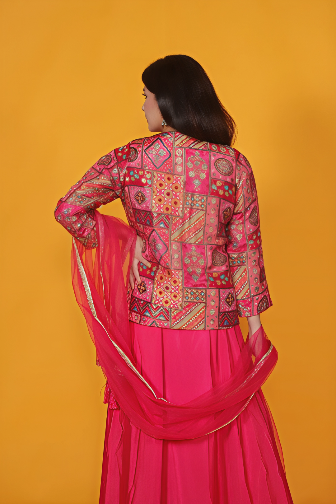 Pink Silk Position Printed Top, with Sharara & Dupatta