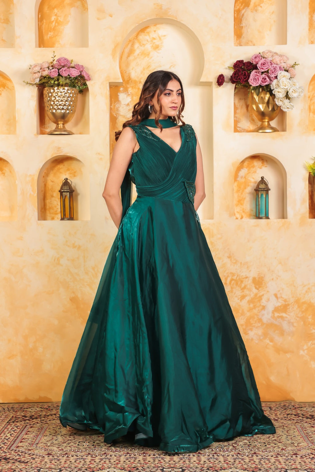 Bottle Green Jimmy Choo Fancy Stylish Gown & Dupatta