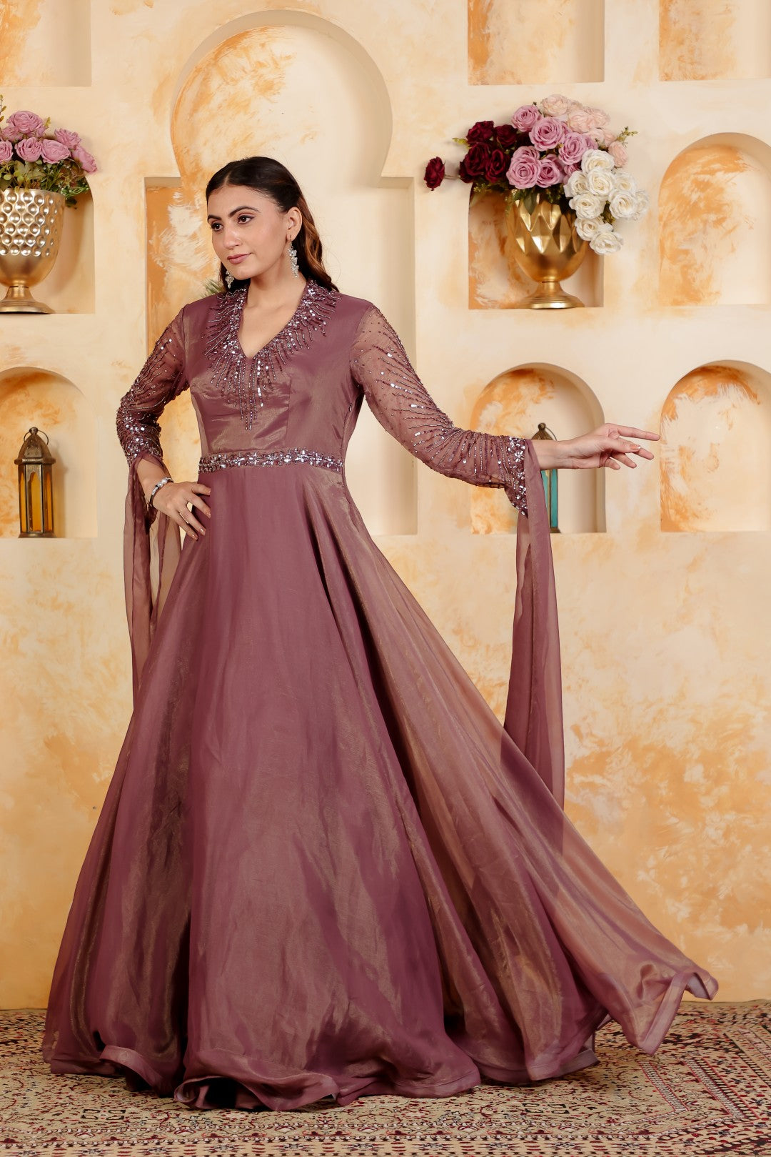 Autumn Copper Shimmer Chiffon with Handwork Gown