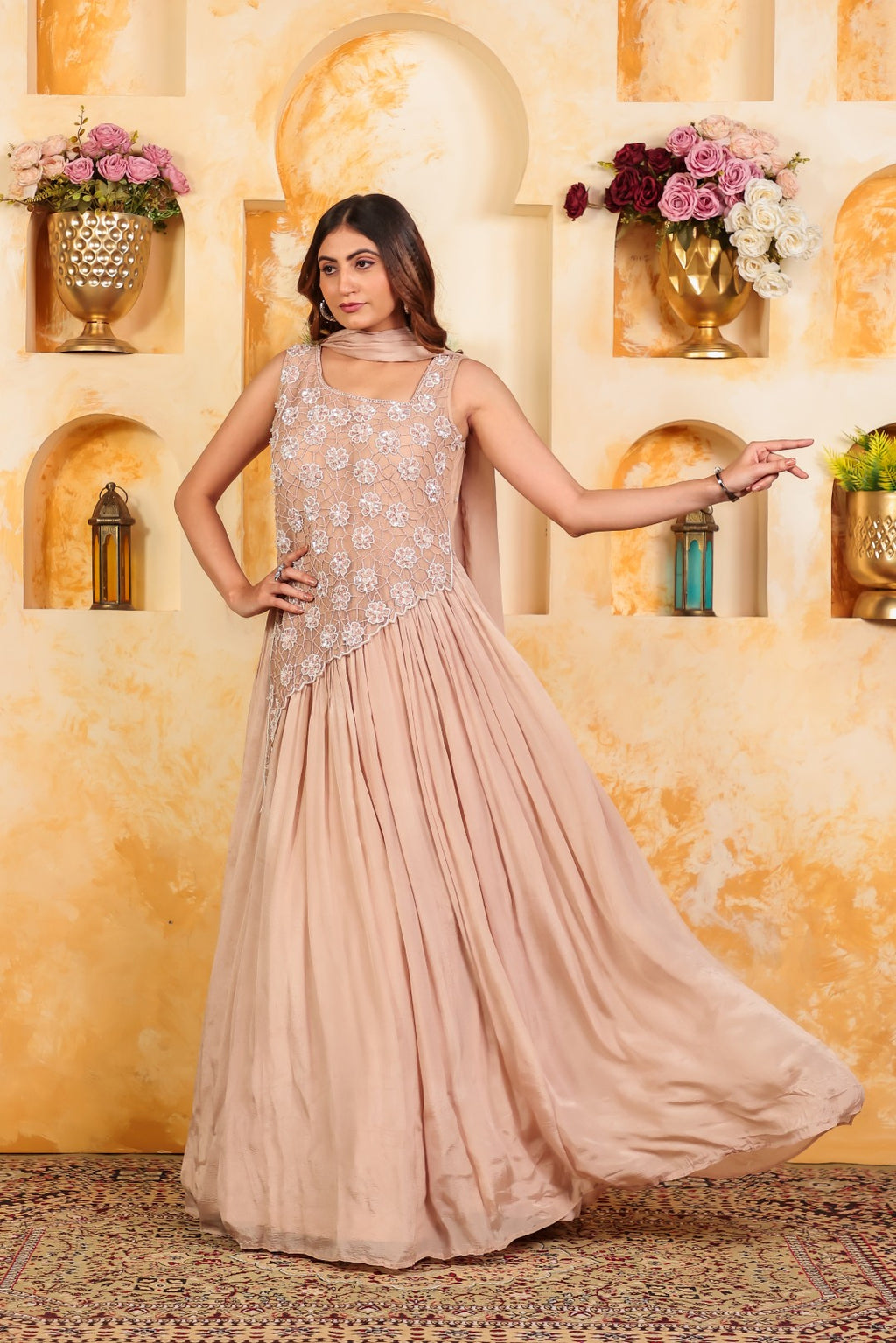 Peach Chinon Silk with Patch Handwork Gown & Dupatta