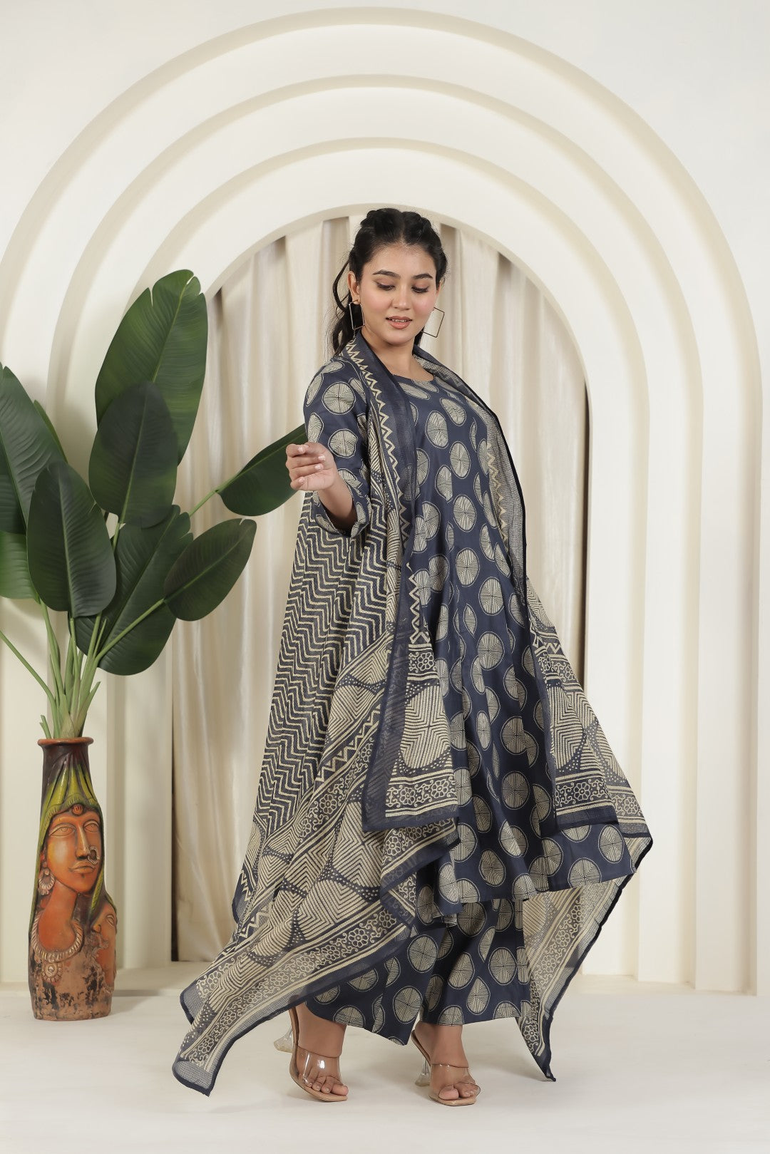 Deep Navy Blue Cotton Printed Suit and Paired with a Matching Pant & Dupatta