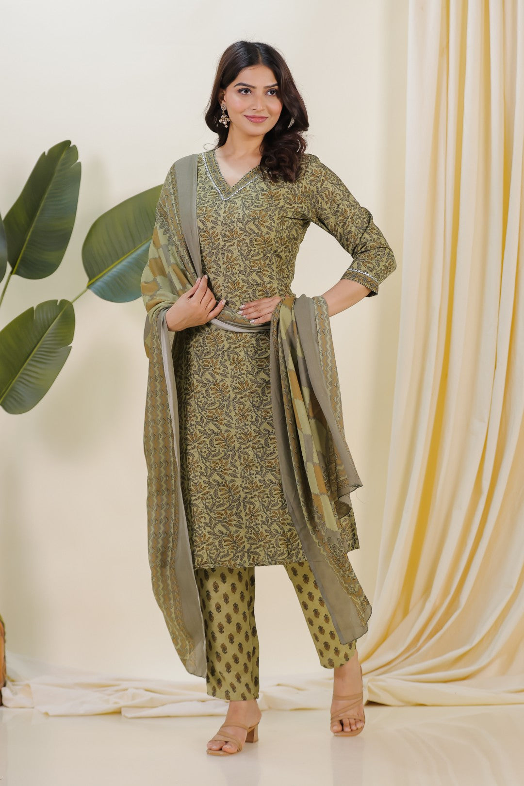 Baby Green Slub Cotton Printed Top with Matching Bottom & Dupatta