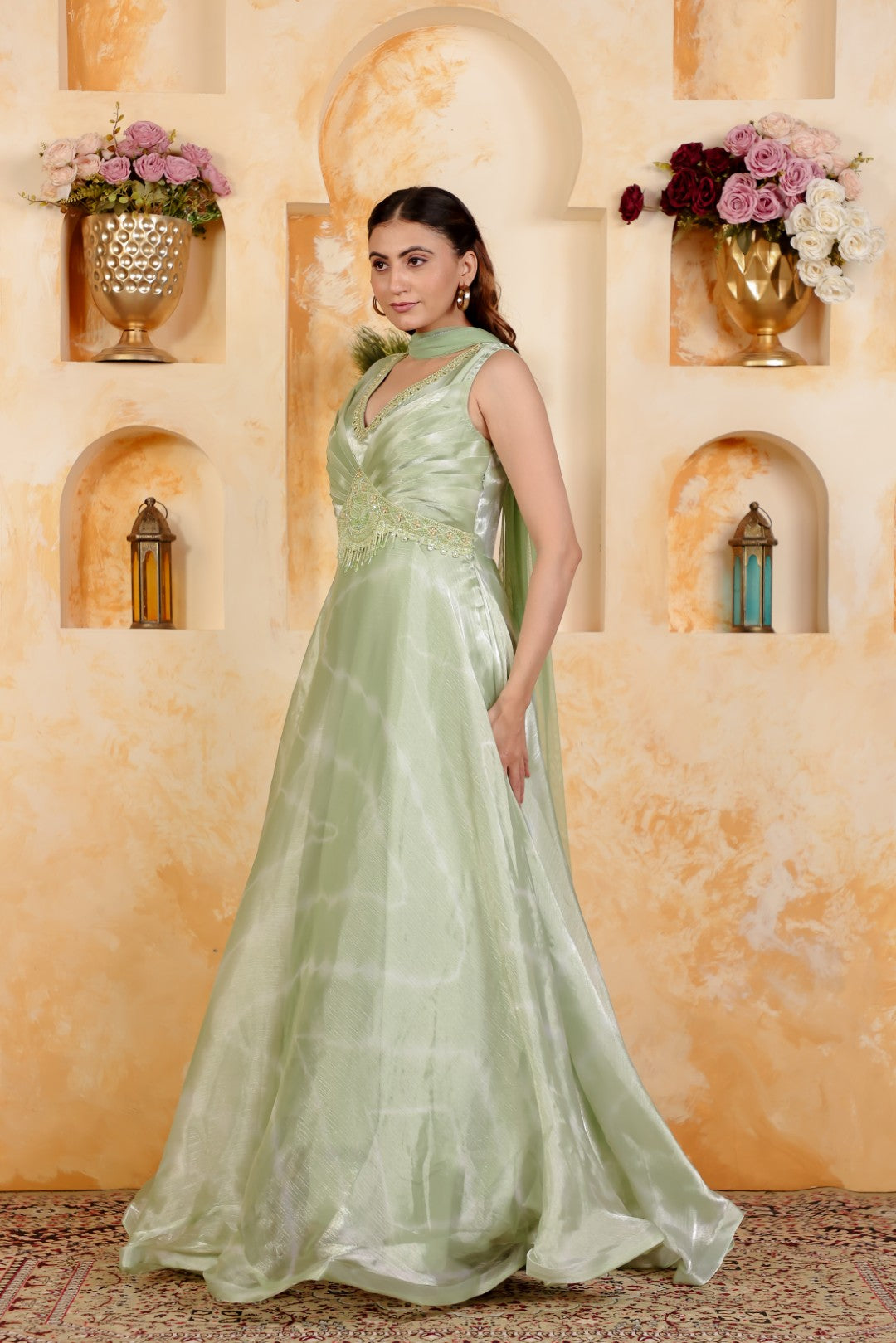 Mint Green Jimmy Choo Gown with Stylish Handwork & Net Dupatta