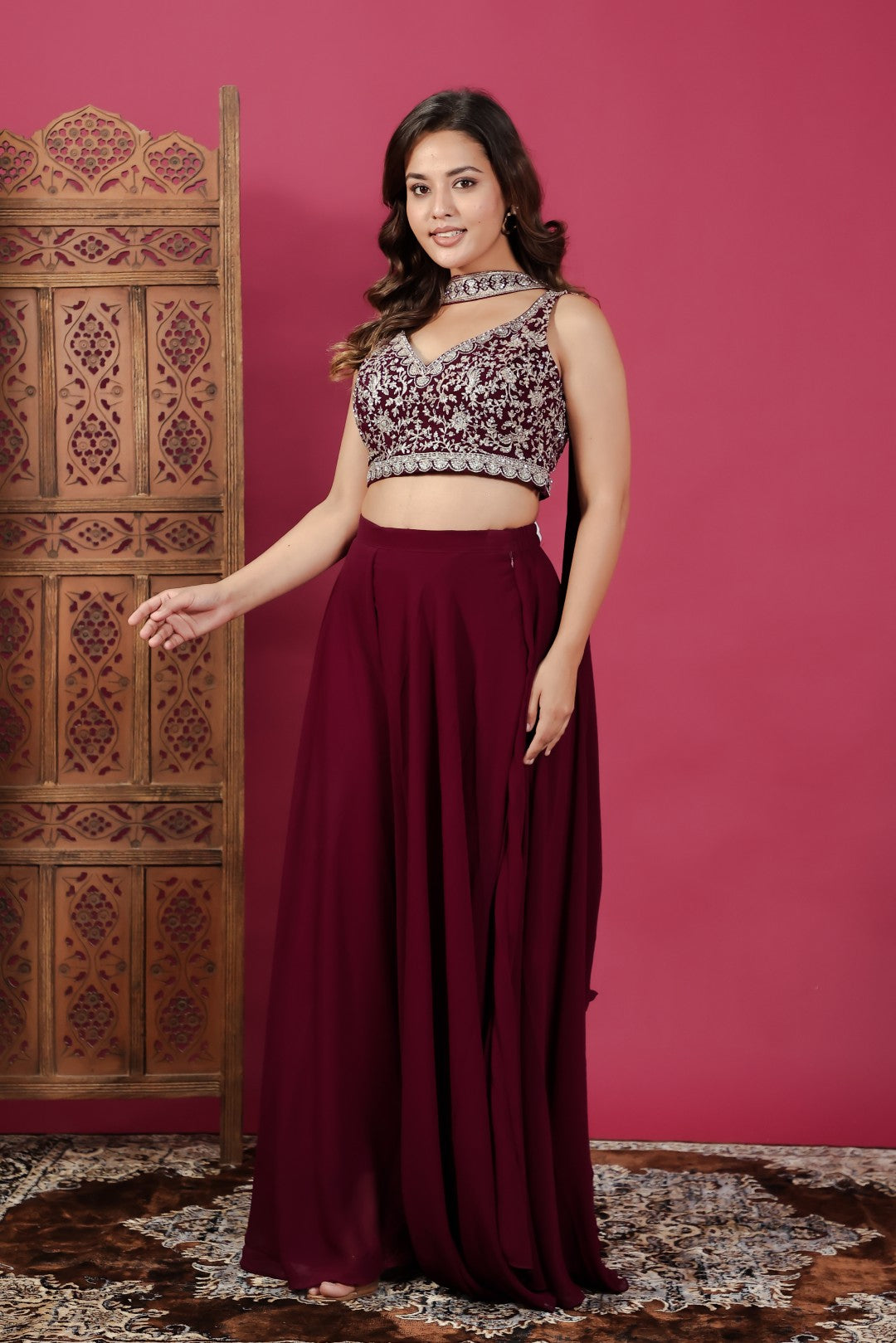 Wine Georgette Blouse with Heavy Zari Work, Sharara & Dupatta
