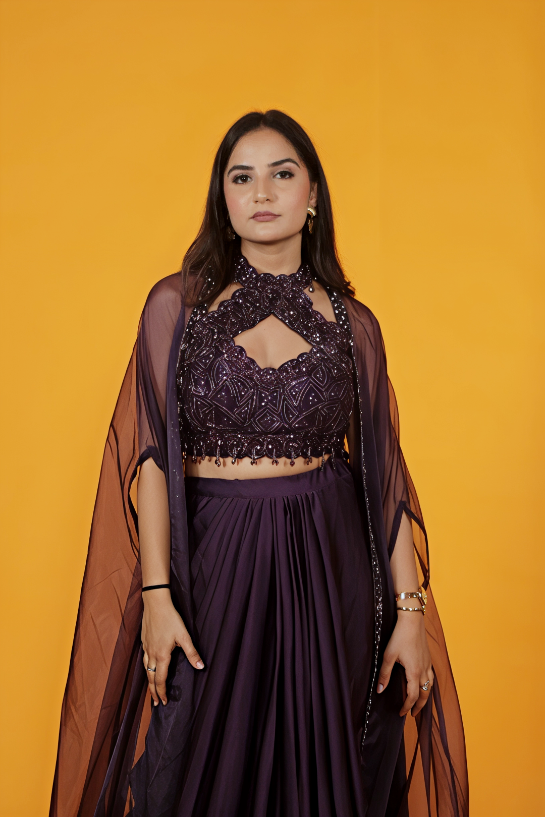 Wine Satin Silk Blouse with Handwork, Dhoti & Shrug