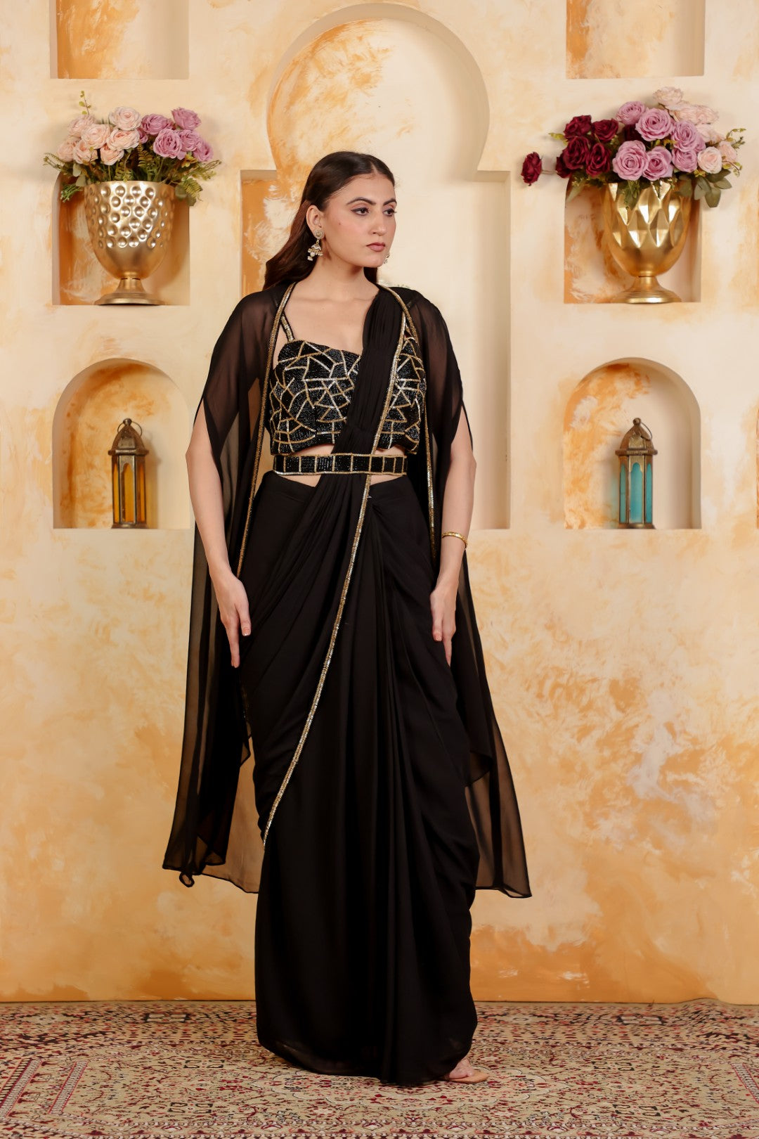 Black Georgette Drape Saree with Belt, Piping Work Blouse & Shrug
