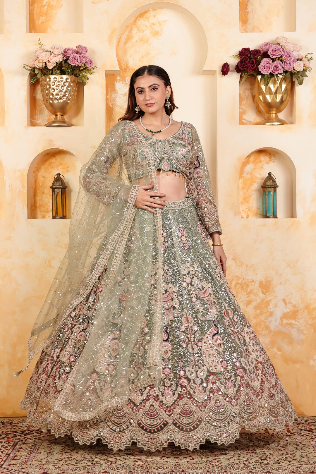 Pista Green Net Lehenga with Heavy Embroidery and Matching Blouse & Dupatta