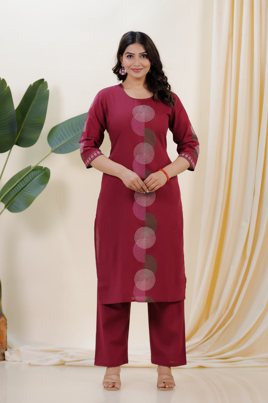 Maroon Linen Cotton Printed Suit with Straight Pant