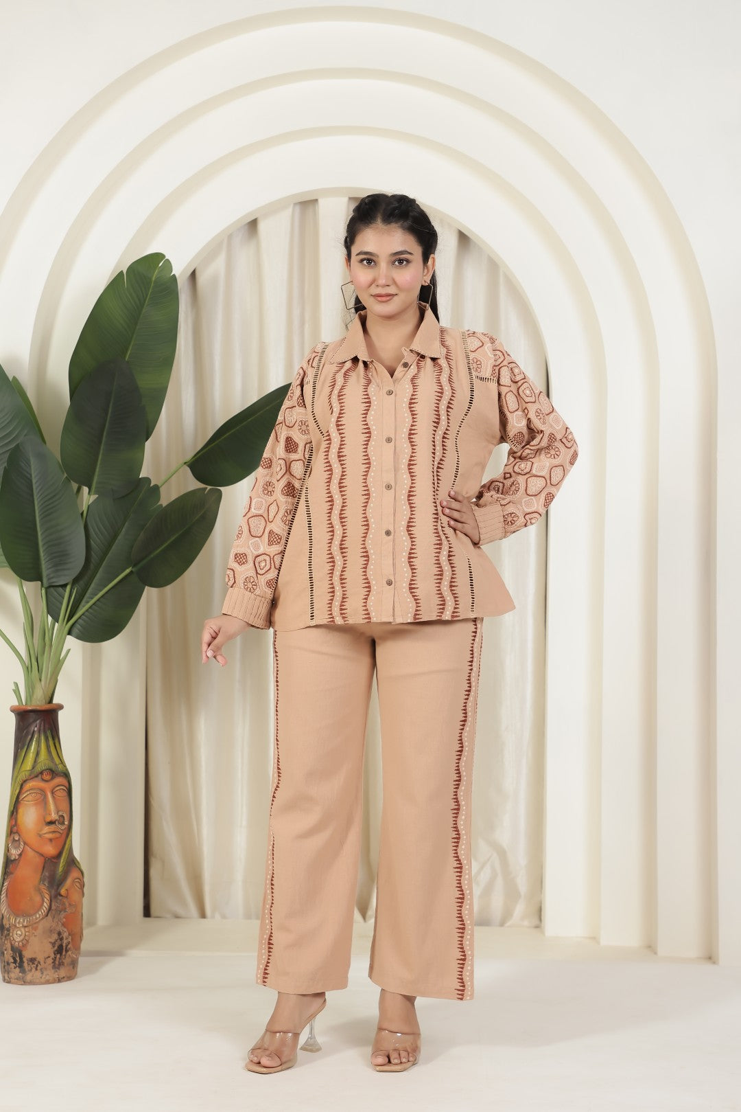 Light Brown Jute Cotton Top with Thread Embroidery & Pant
