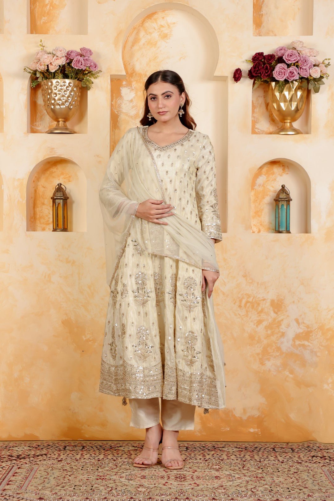 Off White Mosh Silk Suit with Full Sequins & Zari Work, Bottom & Dupatta