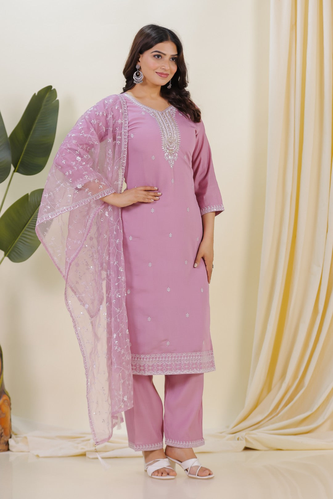 Pink Muslin Suit with Thread Work, Straight Pant & Dupatta