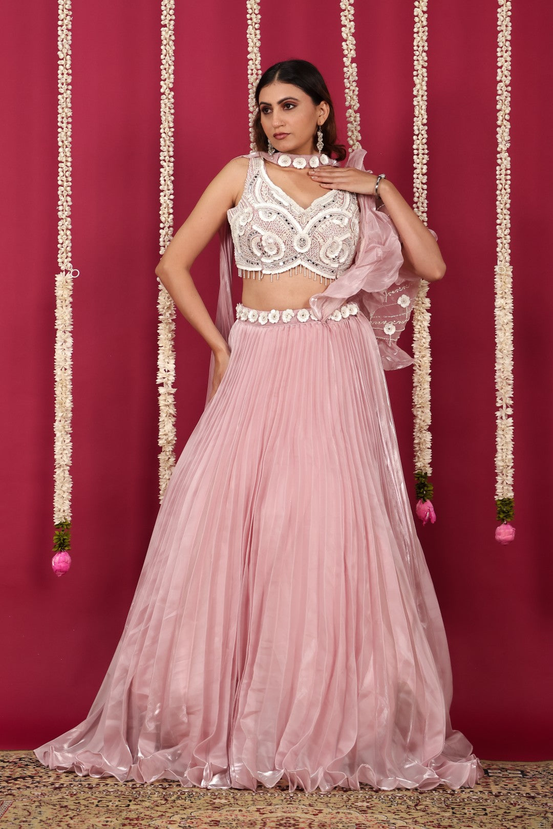 Baby Pink Burberry Net Lehenga with Pearl & CP Handwork Blouse & Attached Dupatta
