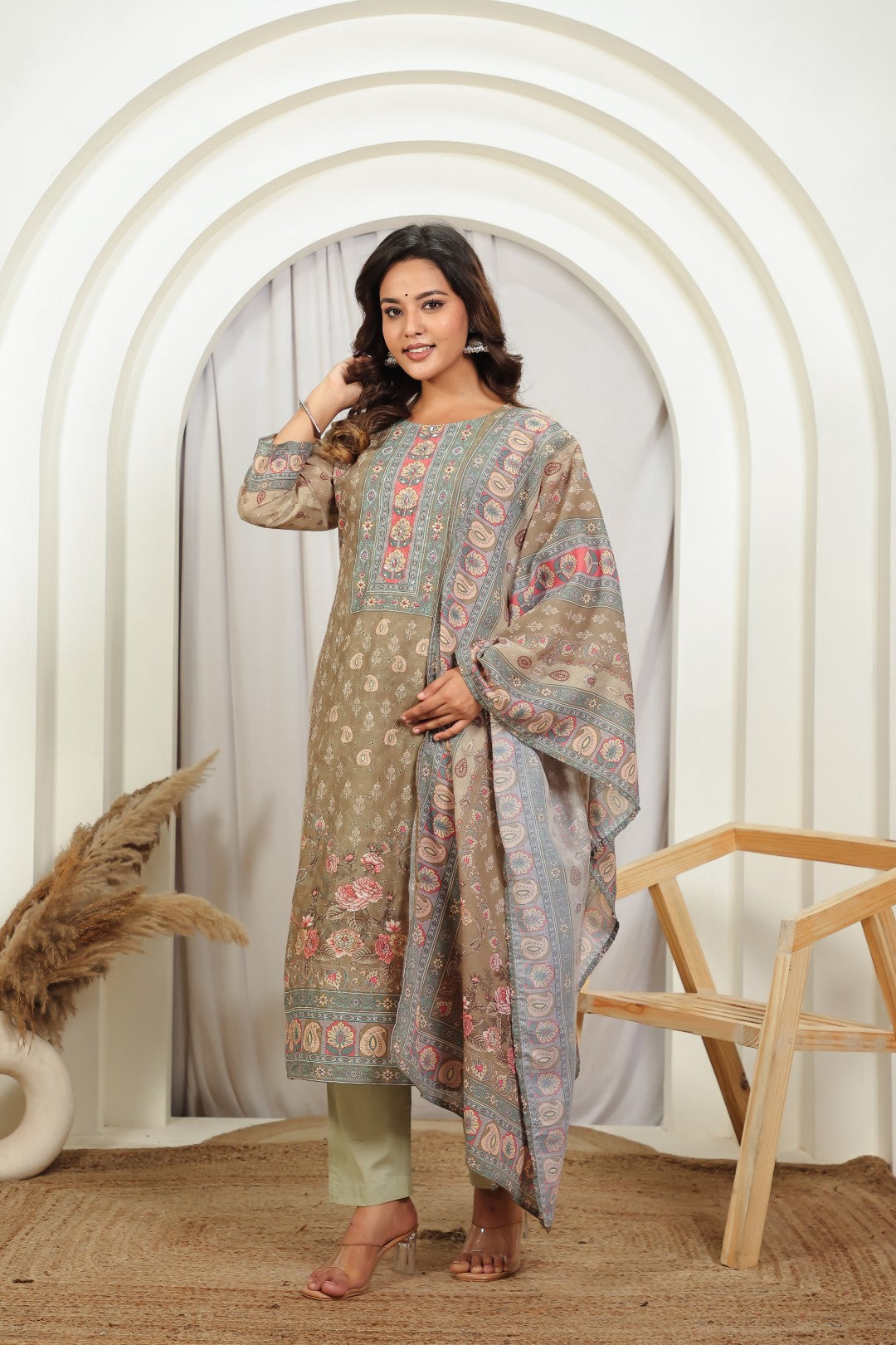 Mehendi Green Cotton Chikankari Suit with Bottom & Dupatta