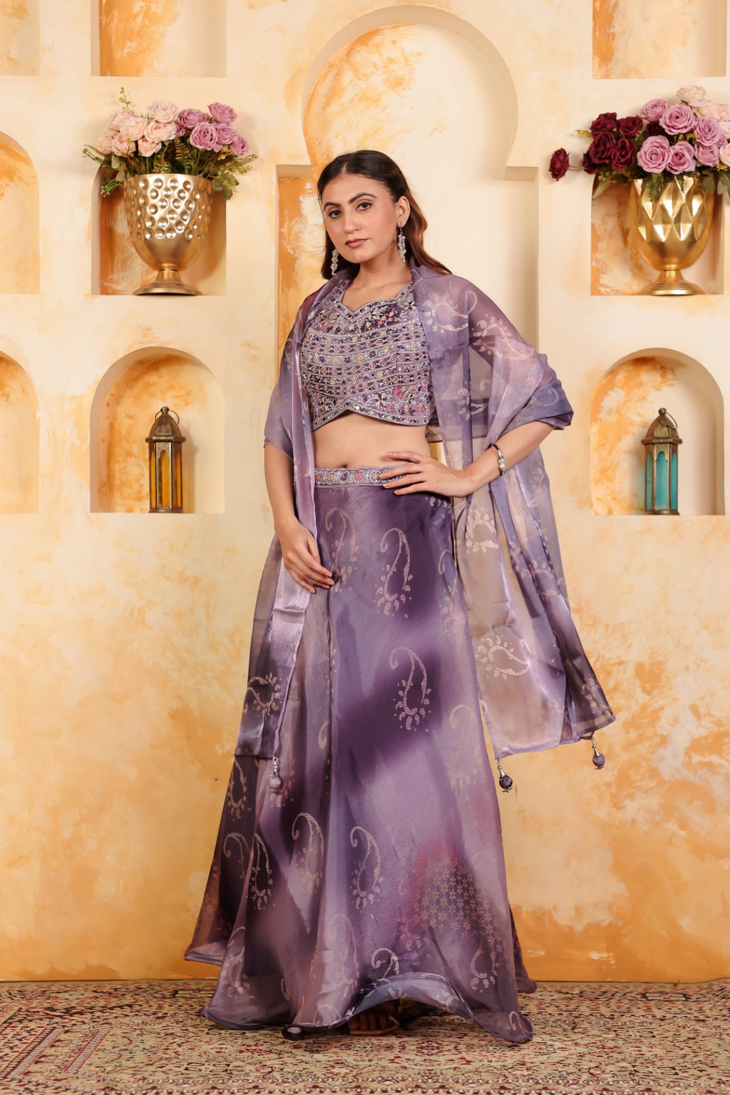 Purple Jimmy Choo Blouse with Digital Print & Zari Work, Lehenga & Dupatta