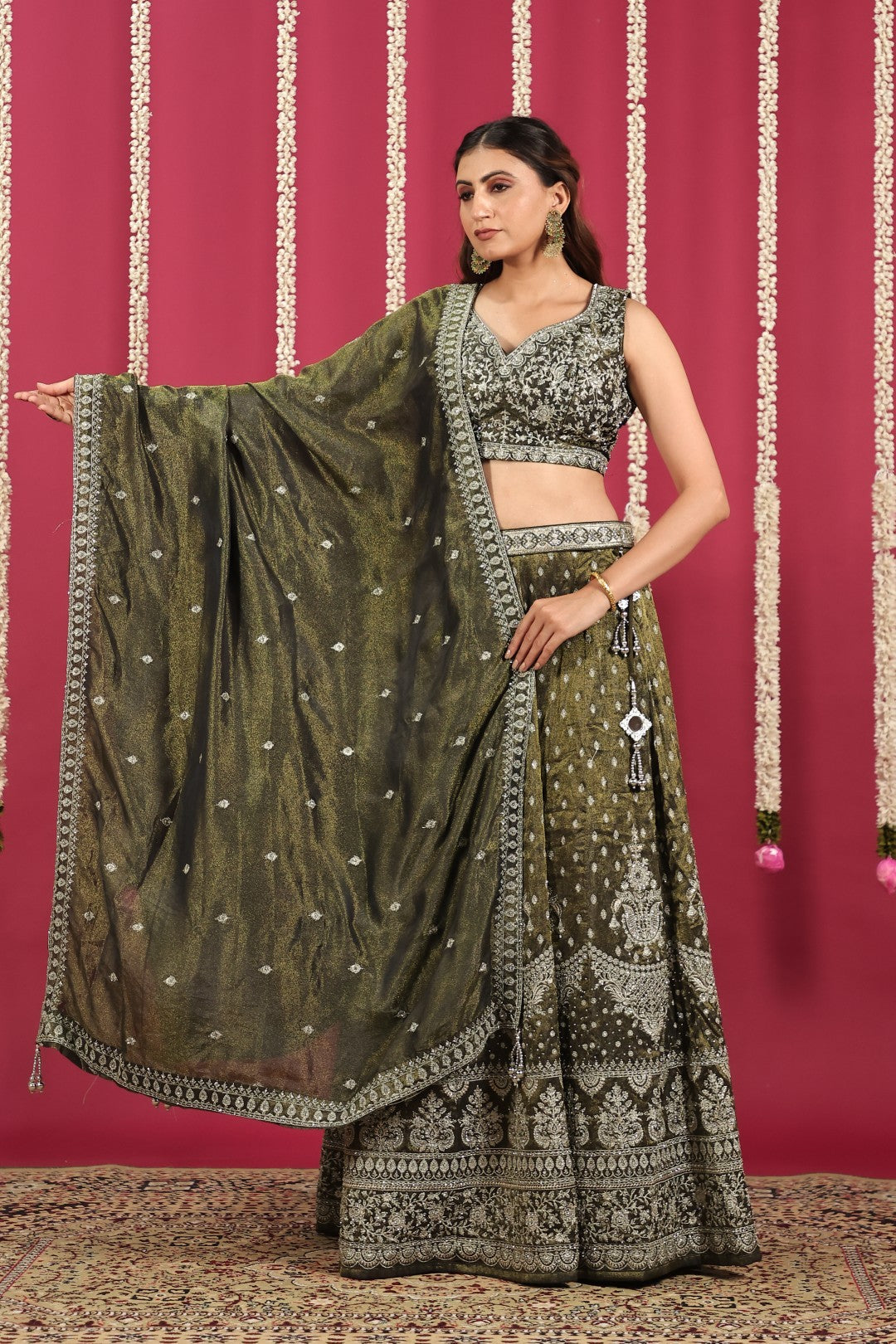 Pastel Green Mosh Silk Blouse with Full Heavy Zari Work, Lehenga & Dupatta