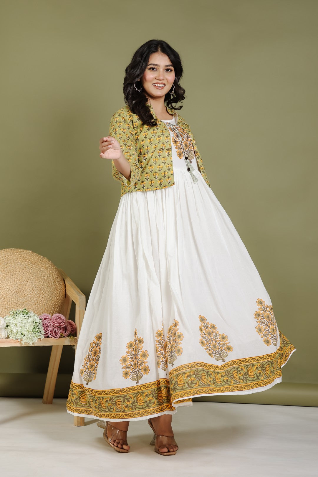 Offwhite Mulmul Cotton Suit with Pista Green Hand Block Sanganeri Print and Jacket