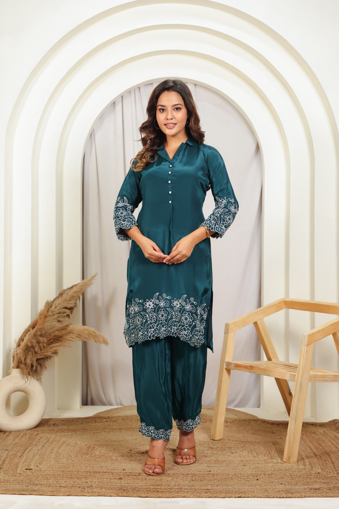 Bottle Green Crepe Silk with White Thread Work Co-ord Set