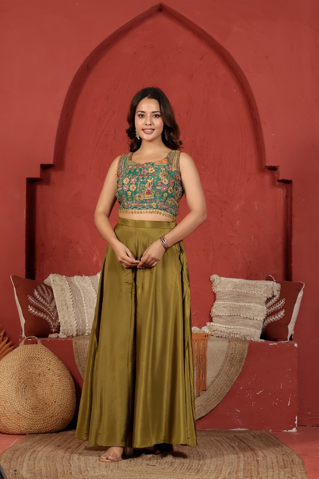 Mehendi Green Crepe Silk with Rajwadi Print & Zari Work Blouse and Jacket